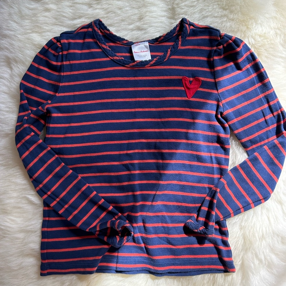 Hanna Andersson navy red striped puff sleeve heart top size 110 US 5